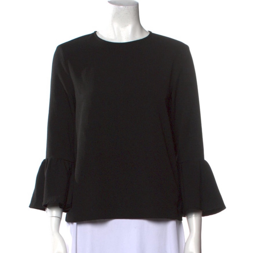 Black Ganni top with 3/4 trumpet sleeve 97% polyester, 3% elastine. Tagged as 34
